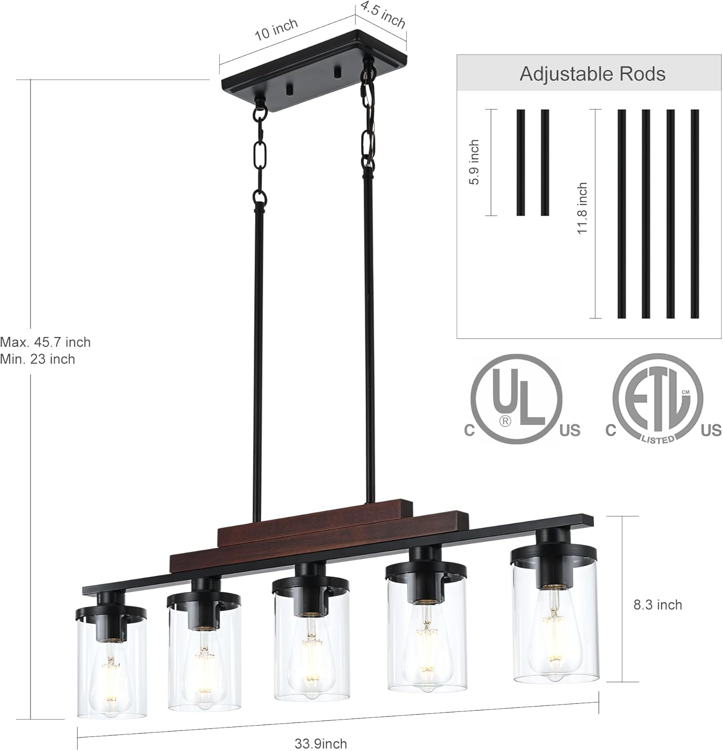 Farmhouse Rustic Wood Linear Chandelier with Clear Glass Shade