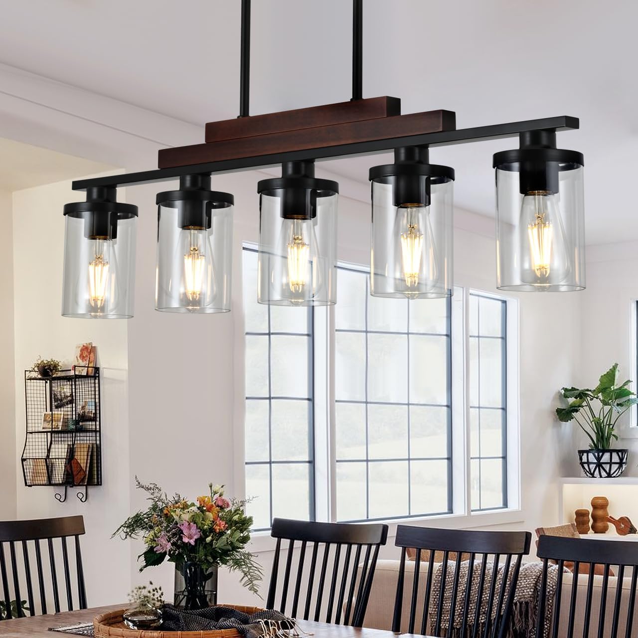 Farmhouse Rustic Wood Linear Chandelier with Clear Glass Shade
