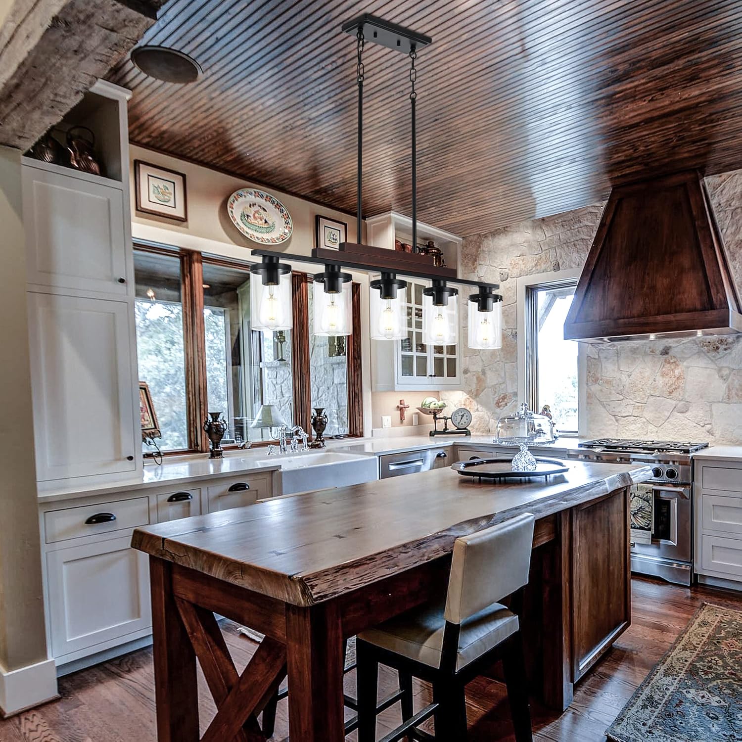 Farmhouse Rustic Wood Linear Chandelier with Clear Glass Shade