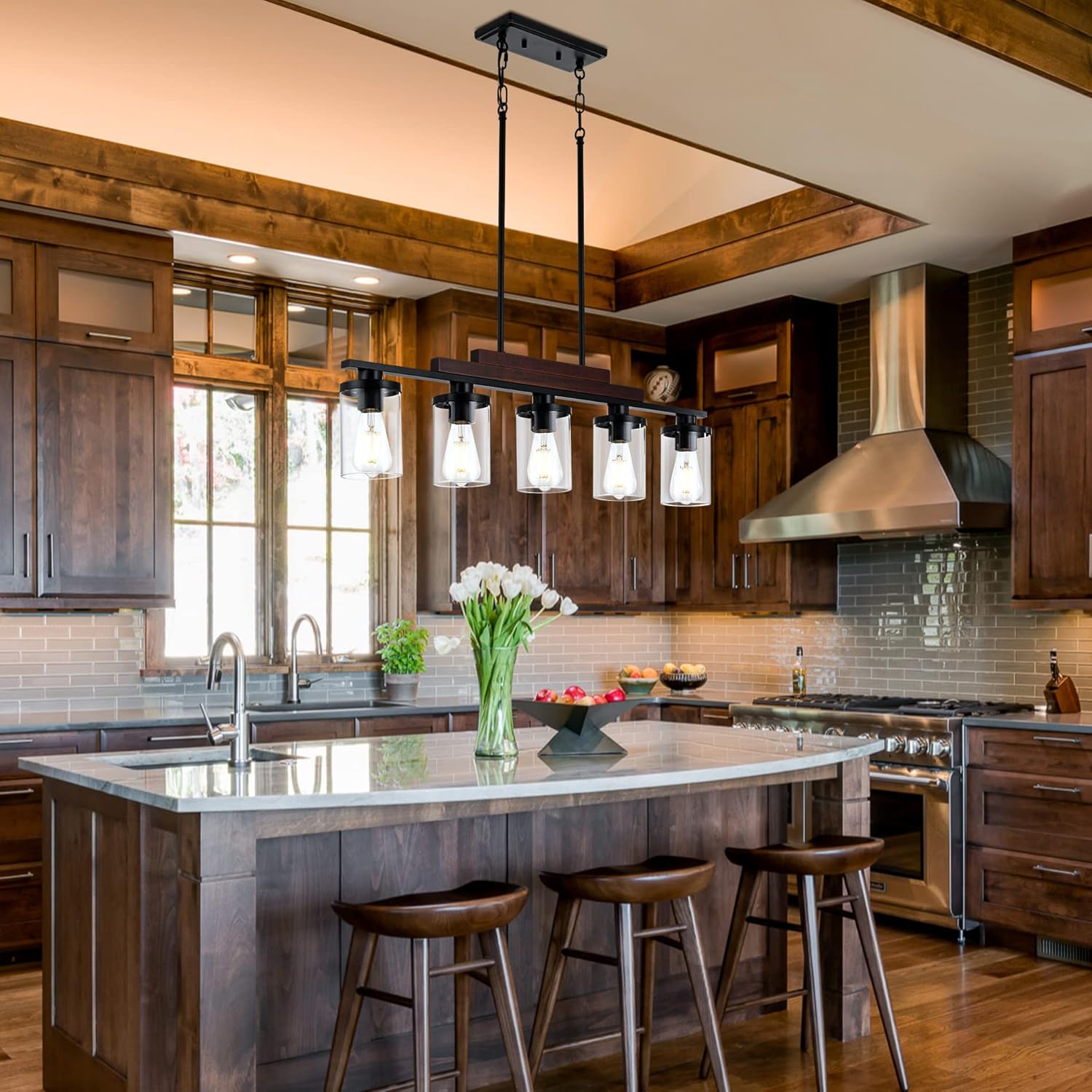 Farmhouse Rustic Wood Linear Chandelier with Clear Glass Shade